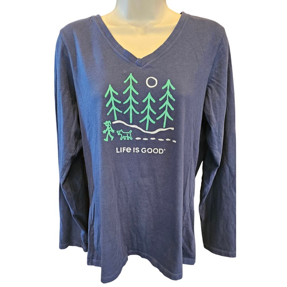 Life is good crusher tee sz M long sleeve dog and forest hiking theme EUC navy